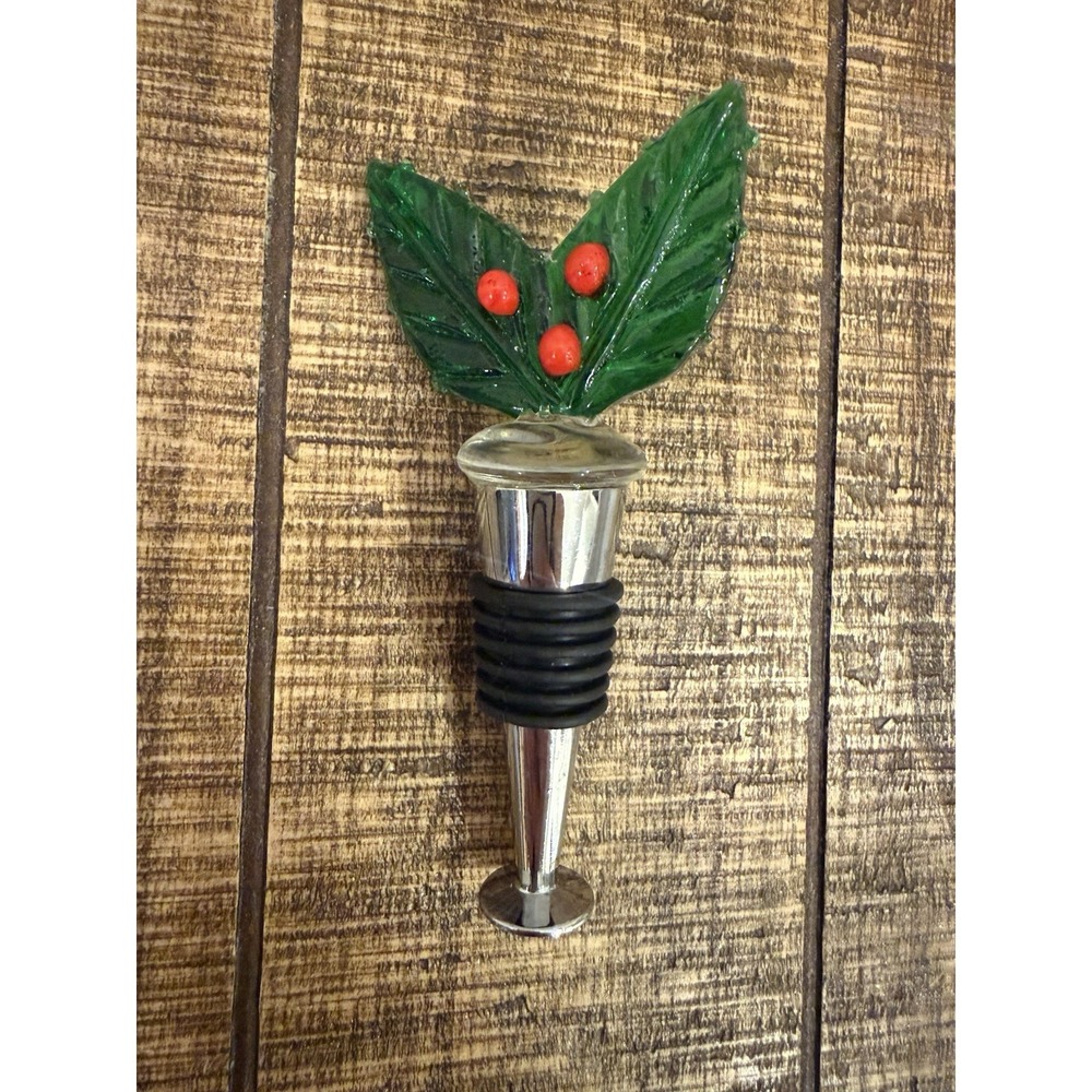 Blown Glass Holiday Holly Berries Bottle Stopper Christmas Beautiful Glass‎ Art